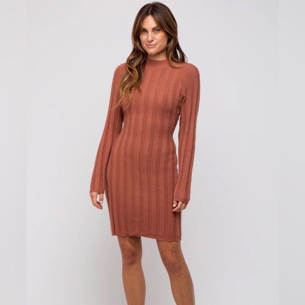 American Eagle stretchy turtle neck ribbed sweater dress bodycon burnt orange